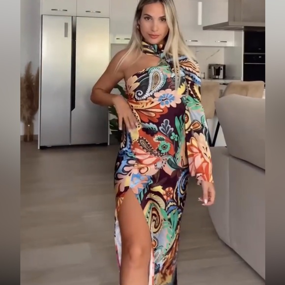 ZARA ONE SHOULDER PRINTED ASYMMETRIC DRESS MULTICOLORED - Picture 5 of 13